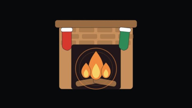 Cosy fireplace Christmas holiday animated icon element, seamless loop motion graphic, ideal for festive video overlays and titles.