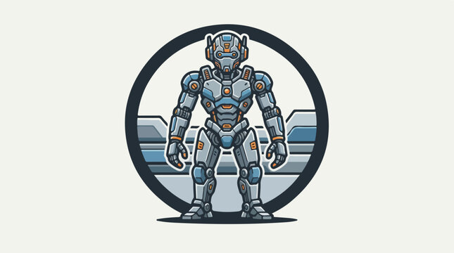 Futuristic humanoid robot character standing in a circular frame.