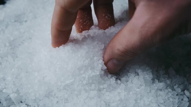 Close up shot of a hand picking up coarse sea salt crystals and letting them fall back onto the pile. The hand moves slowly as the salt is sifted through the fingers. Shot in a close-up view, the crys