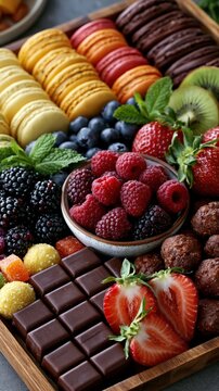 Colorful macarons and fruits arranged on wooden tray