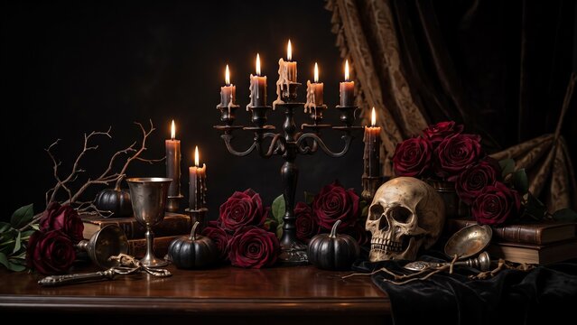 Gothic still life with human skull and burning candles on wood table