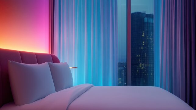Hotel bed illuminated by neon led lighting in city suite
