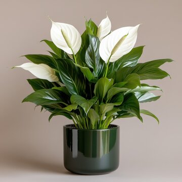 Lush peace lily plant with white blossoms in a stylish dark pot