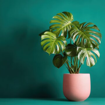Monstera deliciosa in pink pot against teal background