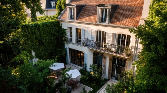 Elegant european house with terrace and lush garden surroundings