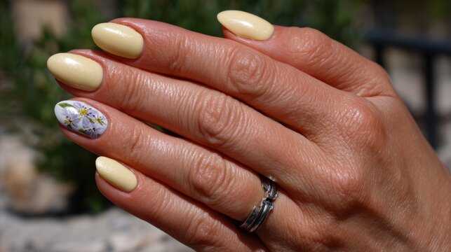 Female hand with yellow floral nail art and rings on a sunny day