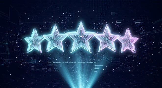 Five Neon Holographic Star Outlines Floating above Digital Blue Light Beam