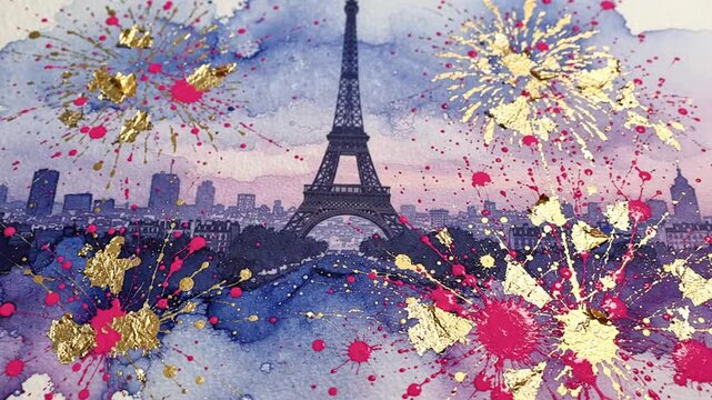 Eiffel Tower Watercolor Painting with Gold Leaf Fireworks Splash Art