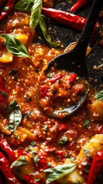 Spicy red pepper tomato sauce with basil leaves and black spoon in pot