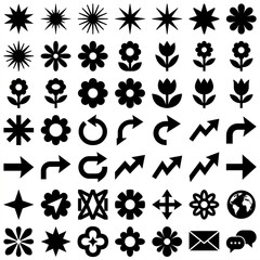 Fototapeta premium Neo-Brutalist Flat Vector Icon Set of Abstract Geometric Badges, Starbursts, and Tech Symbols Isolated on White