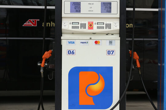 Petrolimex state owned energy corporation automated fuel dispenser pump machine close up at gas station in Da Nang, Vietnam - January 23, 2026