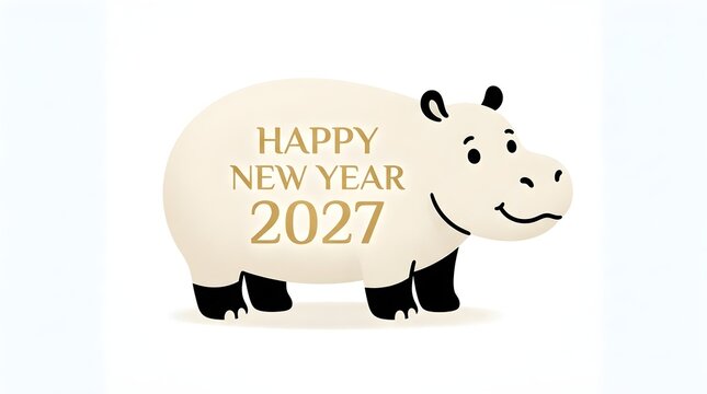 Cute cartoon hippopotamus standing sideways with elegant gold happy new year twenty twenty seven typography isolated on a clean white background for seasonal holiday greeting cards