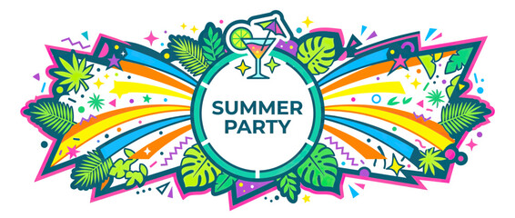 Fototapeta premium Vibrant Summer Party Graphic with Tropical Leaves and Cocktail