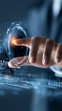 Businessman interacting with futuristic digital holographic interface and data visualization
