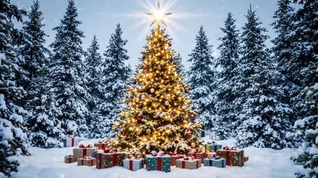 Glittering christmas tree stands in snowy forest with wrapped gifts and glowing lights as soft snowflakes fall under bright star topper in cinematic footage.