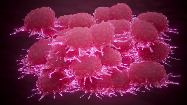 Conceptual 3D animation of cancer cell duplication and tumor growth