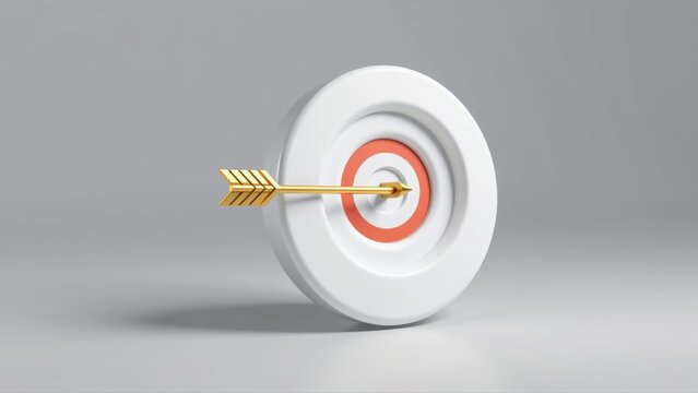 Golden arrow hits target center. White bullseye contrasts dark background. Precision, success, focus evident. Simple studio shot.