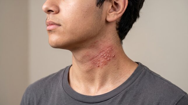 Clustered fluid-filled blisters on the neck of a young man caused by herpes simplex or zoster virus