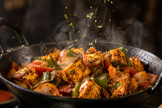 Kadai Paneer Sizzling Action Shot with Steam