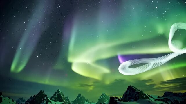 Northern lights illuminate the night sky over snow-covered mountains, showcasing vibrant green and purple hues with stars twinkling in the background