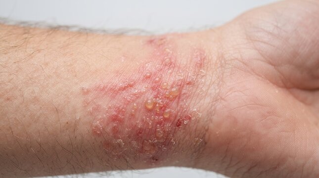 Severe contact dermatitis or dyshidrotic eczema on a wrist with numerous clear blisters and erythema