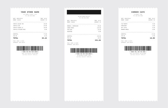 Receipt templates set three thermal paper receipts fully editable