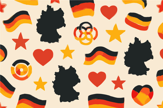 A vibrant seamless pattern featuring iconic German symbols like the country's silhouette, flags, hearts, and Olympic rings.