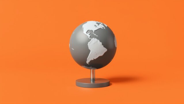 Gray globe sits upon base. Orange background provides contrast. Minimalist design, simple geometry, studio lighting present.
