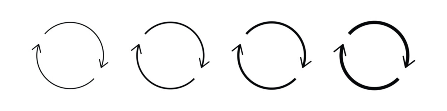Black refresh icon in same design different line style. double reverse arrow, replace, repeat, exchange, cashback  convert, trade, circle rotation refresh arrow icon, vector illustration