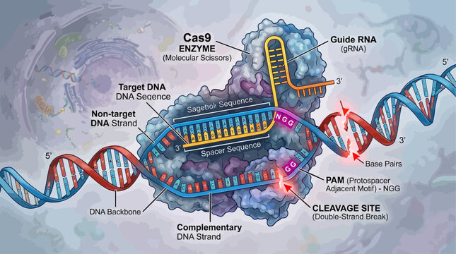 Vector illustration of CRISPR Cas9 genome editing mechanism showing double strand DNA break and guide RNA molecular interaction