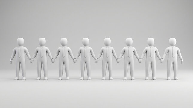 Row of white 3D human figures holding hands representing unity and teamwork