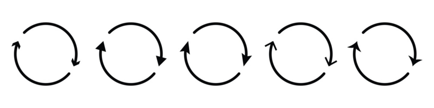 Set of different style refresh icons. Black circular arrow icon, repeat, refresh, reload. Circle refresh arrows rotating on white background. Vector illustration. design eps 10
