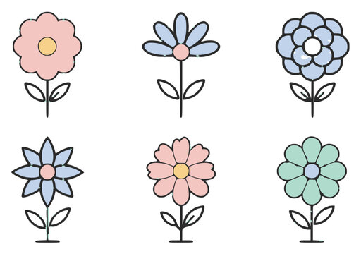 Minimalist vector illustration of six stylized flowers arr set with simple line art design featuring sketches, drawings, vector graphics with minimalist and simple illustrations
