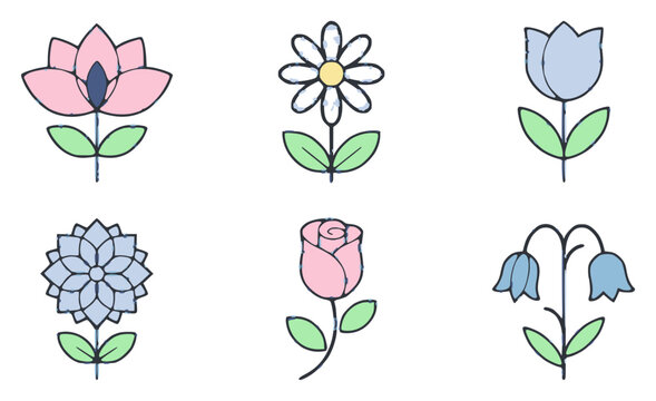 Minimalist vector illustration of six stylized flowers arr set with simple line art design featuring outline, illustration, graphic elements with clean design and vector art