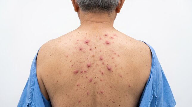 Rear view of an elderly patient in a hospital gown showing back acne and folliculitis rash