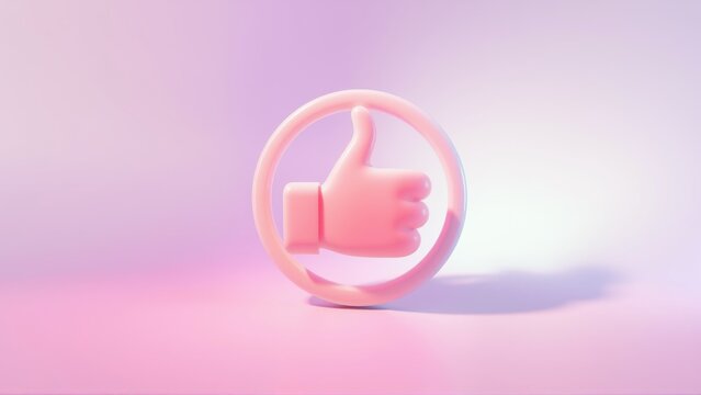 Pink thumbs up icon sits upon circular base. Soft lighting creates gentle shadows, pastel background enhances minimalist aesthetic.