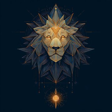 Stylized lion head with geometric patterns and stars