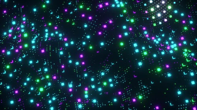 Abstract Digital Background with Colorful Pixel Light Pattern, Futuristic Technology Atmosphere, Neon Particles and Vibrant Cyber Energy for Modern Visual Design and Backdrop