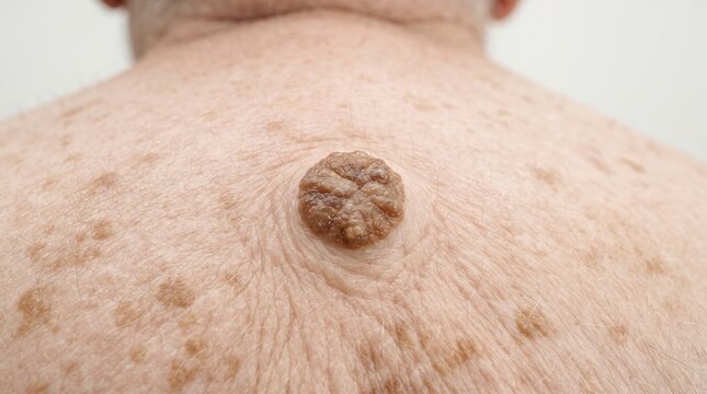 Close-up of a large seborrheic keratosis or melanocytic nevus on senior person's back, benign skin tumor