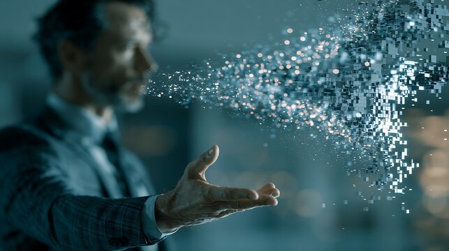 Businessman interacting with digital data stream and futuristic holographic particles