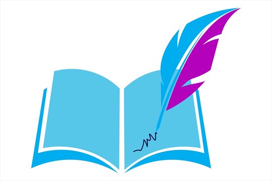 Open book with purple feather quill writing isolated on white background