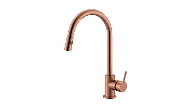 Modern copper-colored kitchen faucet with curved spout and lever handle mounted on a transparent background countertop.