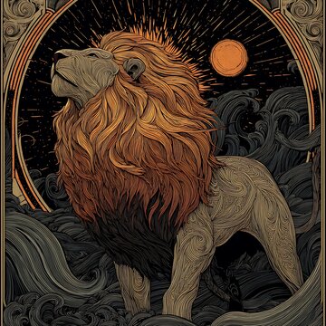 Stylized Lion with Ornate Mane and Sun Symbol in Dark Wavy Background Keywords: lion, king of the