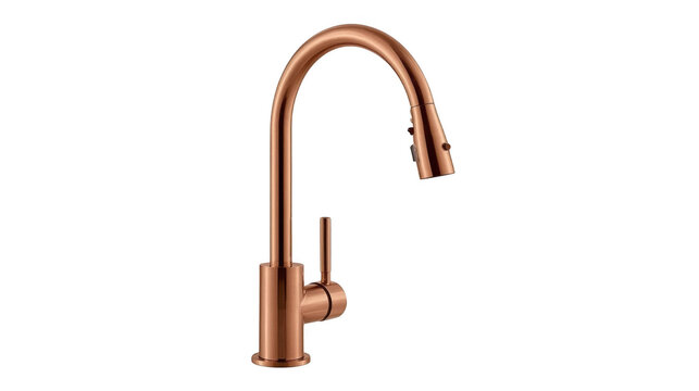 Modern copper-colored kitchen faucet with curved spout and pull-down sprayer mounted on a minimalist base.