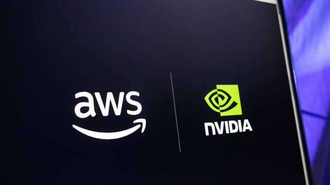 AWS and Nvidia logos displayed together on screen representing technology partnership and cloud computing solutions.