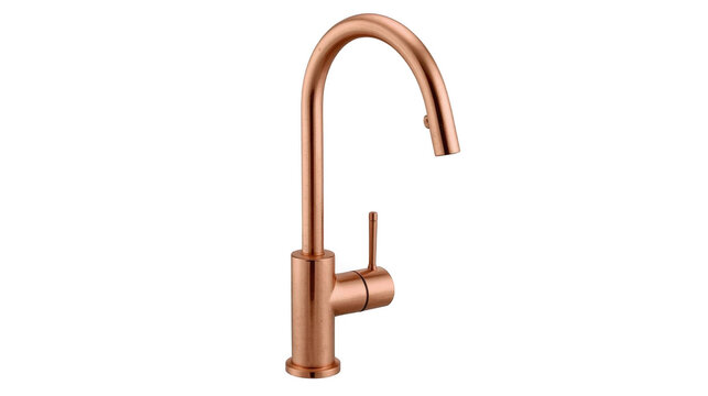 Modern copper-colored faucet with curved spout and single handle mounted on a neutral background.