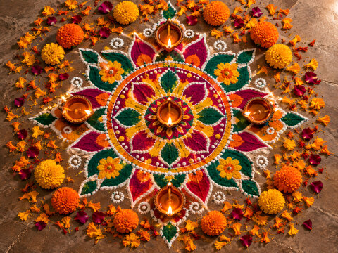 Colorful rangoli decorated with lit diyas and flowers for Diwali