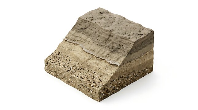 A detailed 3D cross-section of earth layers showing soil and gravel isolated on a white background