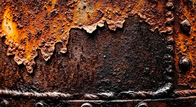 Close up of heavily rusted and weathered metal texture with peeling paint and corrosion