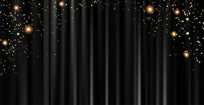 VIP luxury black curtain background with glittering gold light particles and stage illumination
